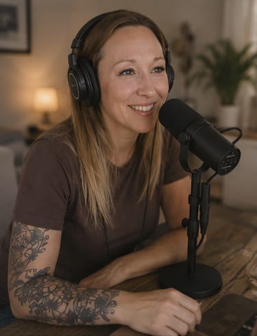 Angie mit Kopfhörern am Mikrofon bei einer Podcast-Aufnahme