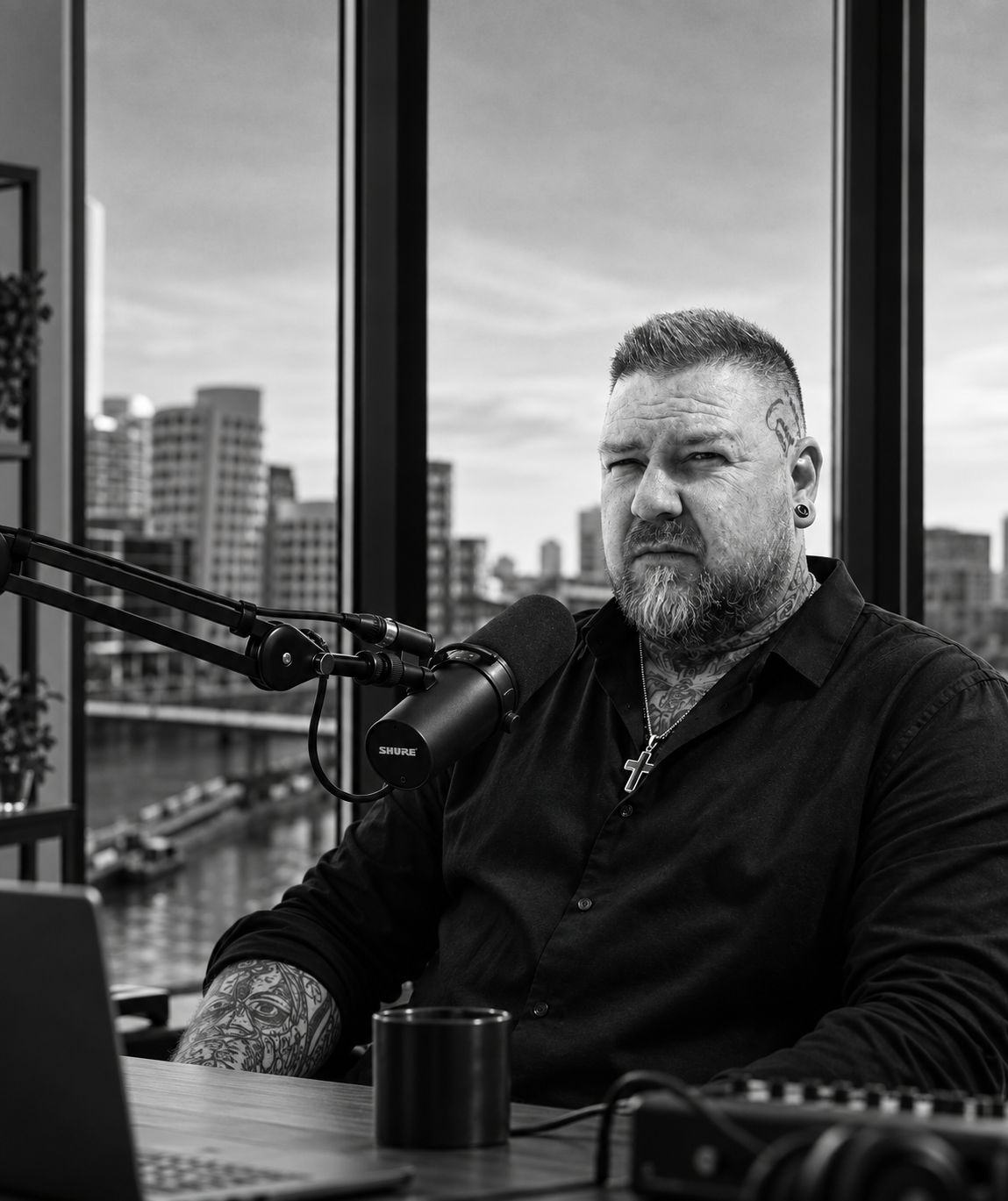 Sven im Border-Allein-Podcaststudio am Mikrofon, im Hintergrund der Düsseldorfer Medienhafen