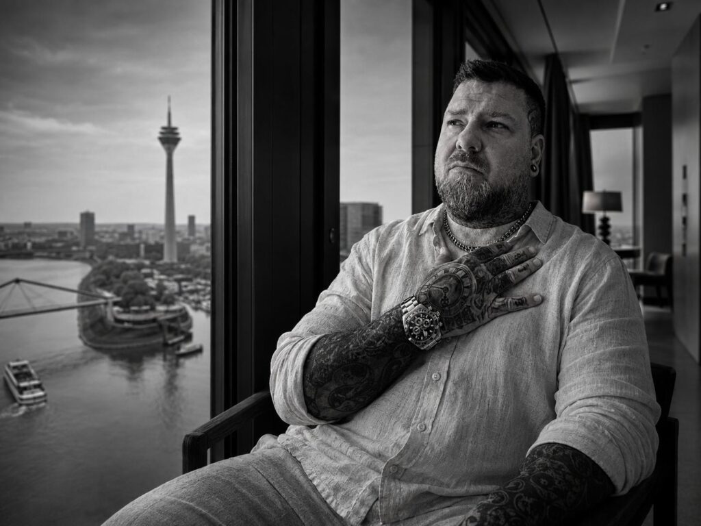 Sven am Fenster mit Blick auf den Düsseldorfer Rheinturm, Hand auf dem Herzen