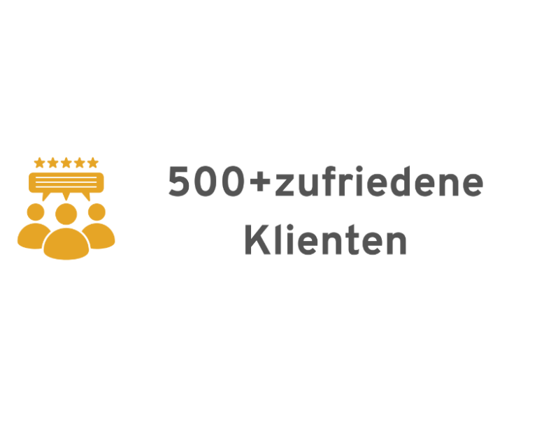 zufriedene Kunden Symbol mit Menschen und der Aufschrift „500+ zufriedene Kunden“.